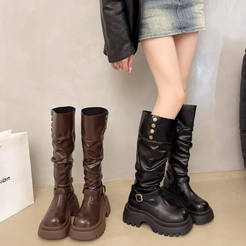 

Winter Fur Lining Women Knee High Boots Fashion Slip On Height Increase Shoes Ladies Platform Thick Sole Knight Long Booties
