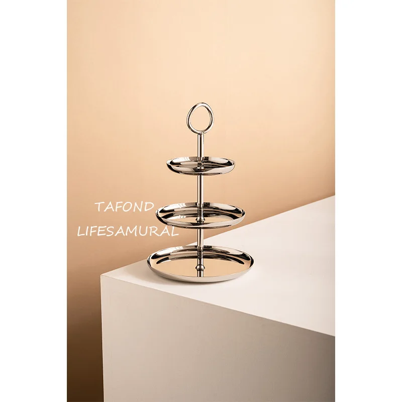 European stainless steel three-layer snack cake rack household snack candy tray light luxury fruit plate model room ornament