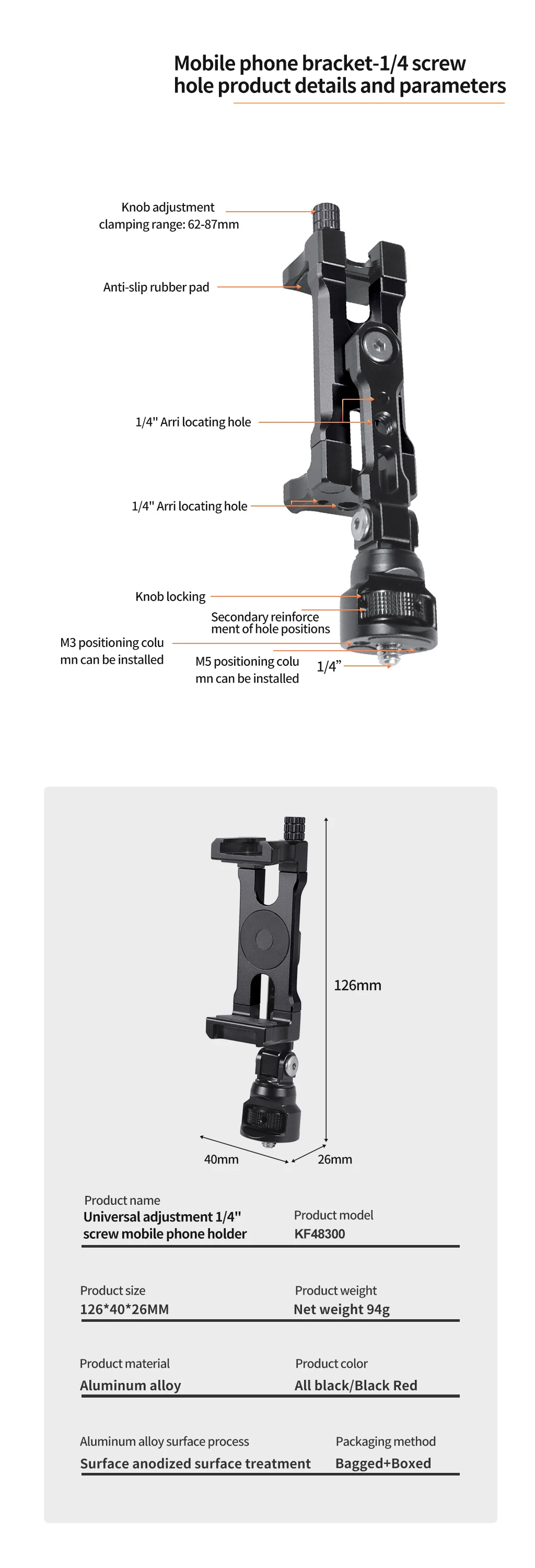 Handyhalterung mit NATO-Schienenklemme, 1/4-Zoll-Schraube, Cold Shoe Mount, vertikaler Aufnahmehalter für RS3 Mini Fill Light Halterung – Detail 5