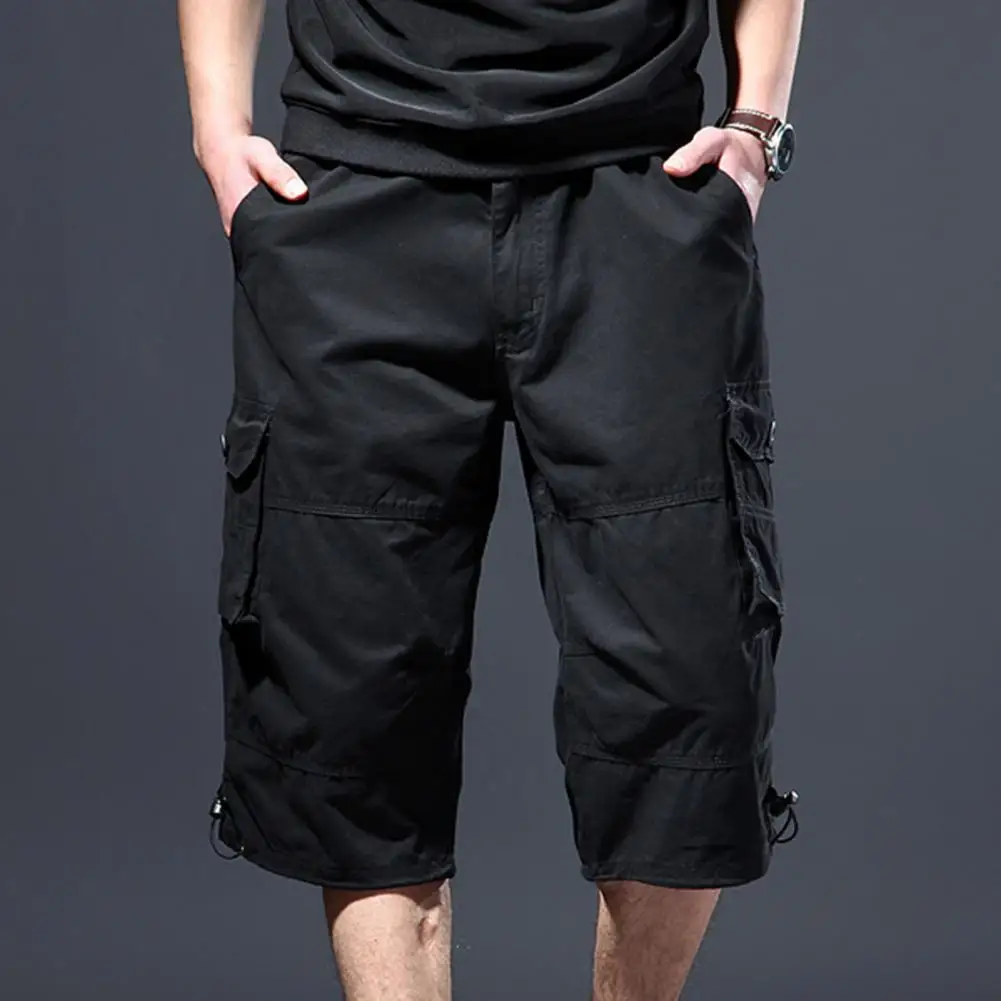 Trendy Drawstring Cotton Camouflage Print Multi Pockets Cargo Pants Loose Type Men Cropped Pants Daily Clothes