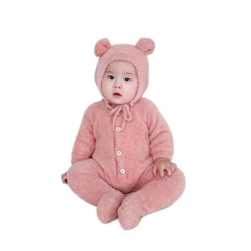 Explosive Baby Autumn Clothing Men and Women Baby Super Cute Imitation Mink Crawling Suit Cute Bear Footed Onesie Pajamas