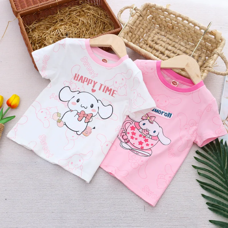 Anime Sanrios Cinnamoroll Kids Short Sleeve Kuromi Boys Girls Cotton Cartoon T-Shirt Fashion Round Neck Tops Summer Kids Clothes