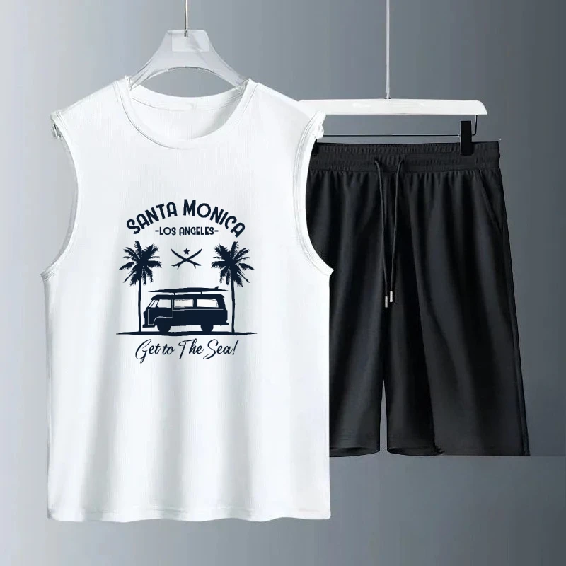 

2025 повседневные мужские комплекты, летний автобус, театр, повседневная одежда без рукавов с принтом, удобные модные костюмы, мужская спортивная одежда