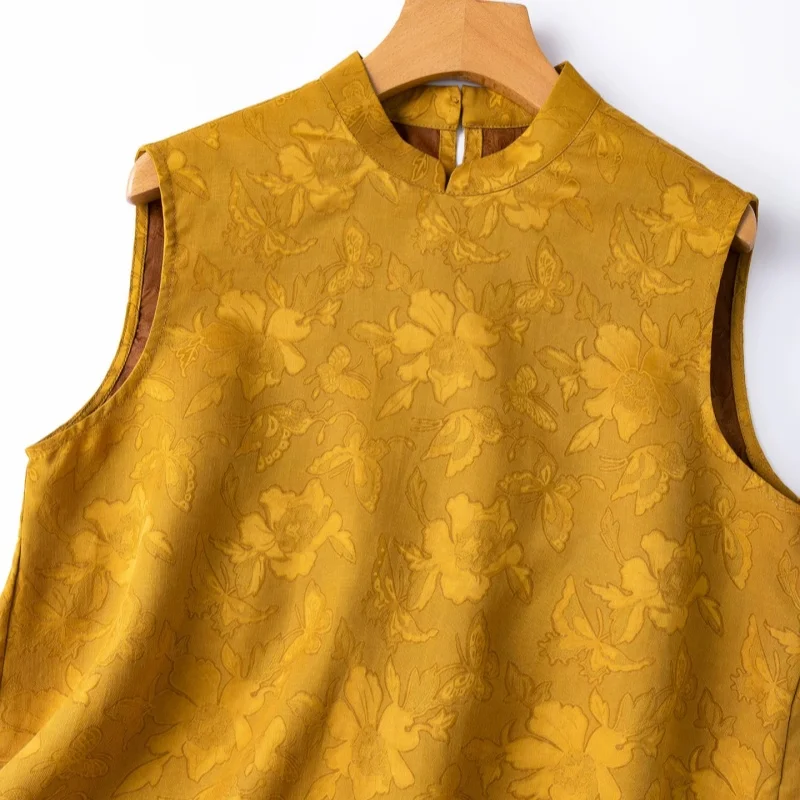 Birdtree, 100% Silk Jacquard Tank Top, Sleeveless Stand Collar Vest, Women Floral Luo Xiangyunsha Tops, 2026 Autumn New T67005JF
