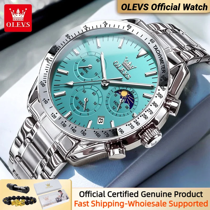 

OLEVS 3618 Men's Watches Chronograph Date Butterfly Buckle High Quality Stainless steel Luminous Moon Phase Quartz Watch for Men