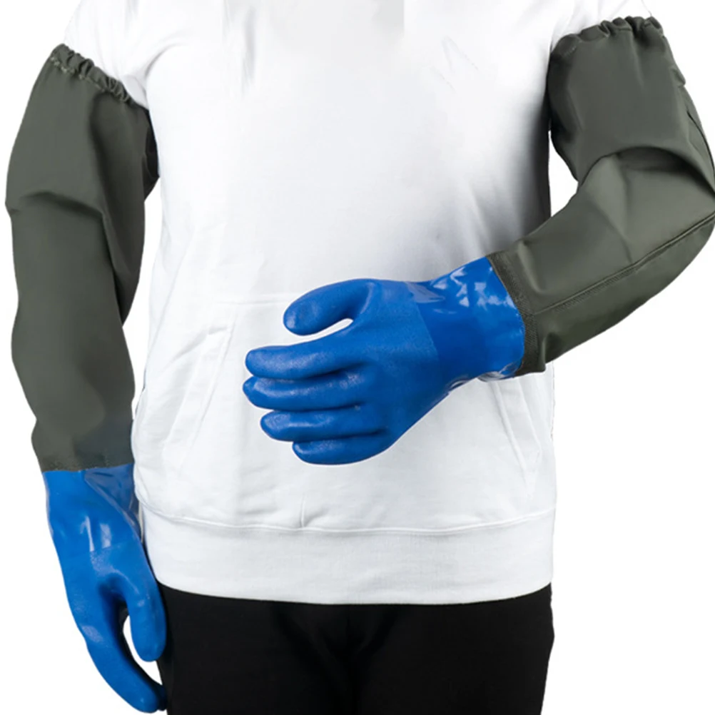 

Fish Tank Cleaning Gloves Long Waterproof Knitted Fabric Rubber Blue Sanding Lined Elastic Cuff Anti Oil Fouling