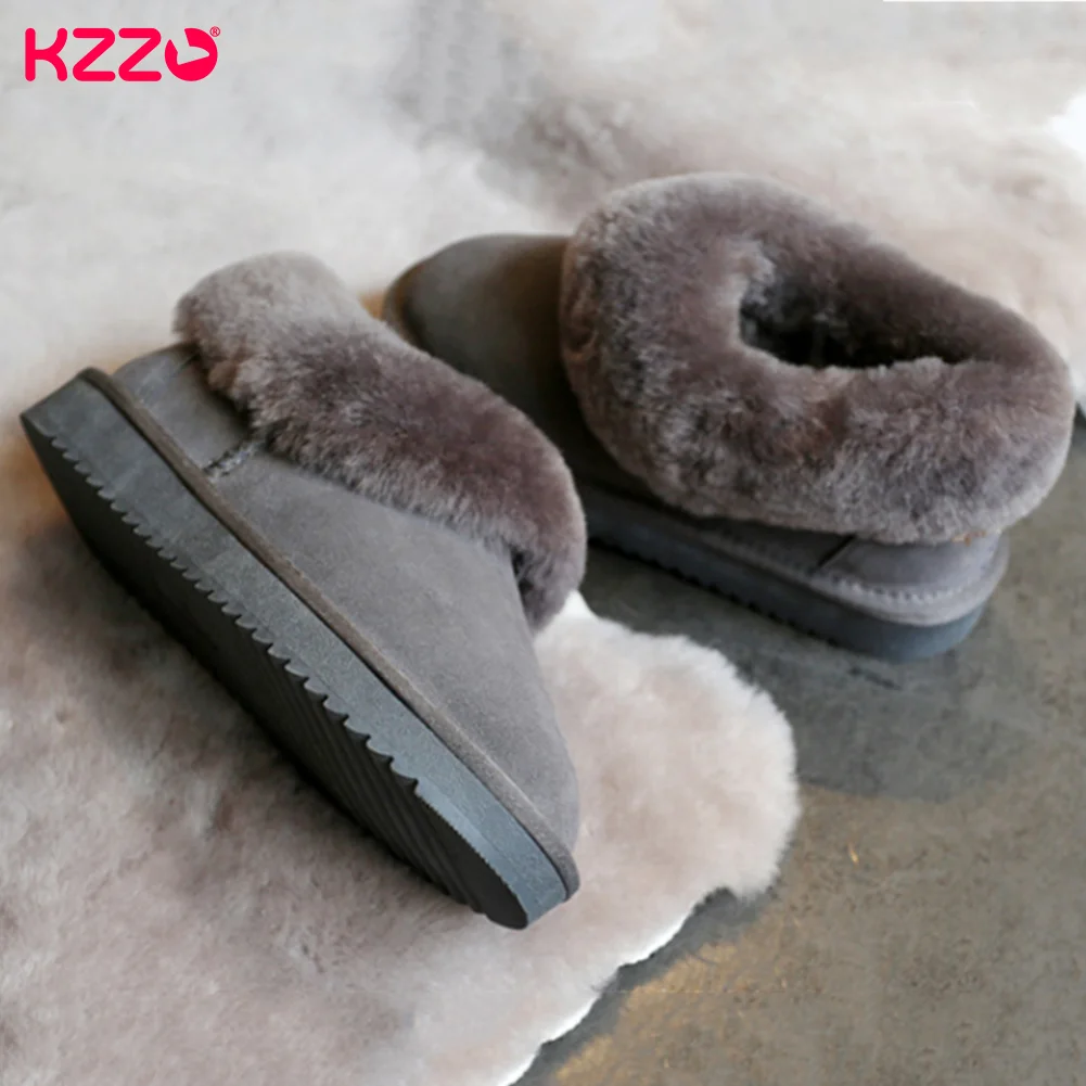 KZZO Fashion Genuine Leather Winter Ankle Snow Boots Women Australia Natural Wool Fur Lined Casual Short Warm Shoes Non-slip