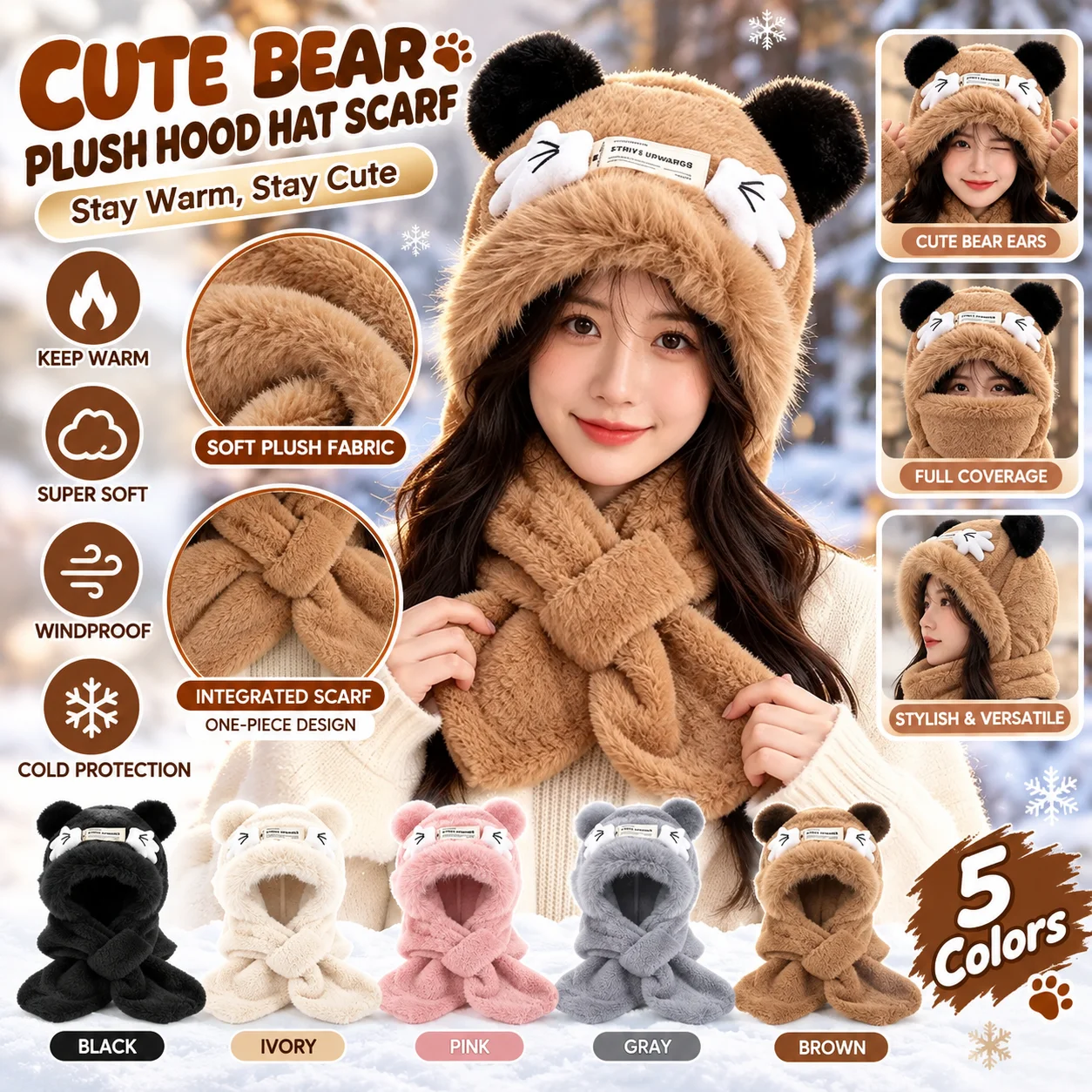 Winter hat scarf with integrated fleece hooded scarf, warm ear protection hat scarf for women, popular 2026 new model