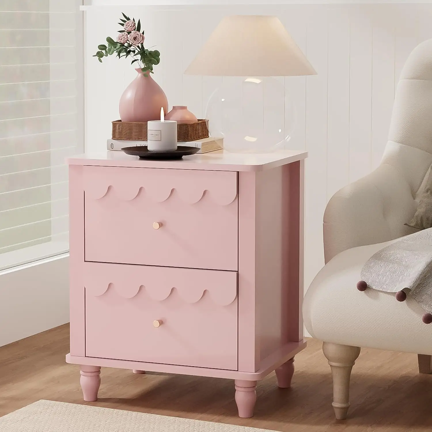 Pink Nightstand Side End Table with 2 Drawers, Modern Night Stand with Petal Pattern for Bedroom, Scalloped Bedside Night