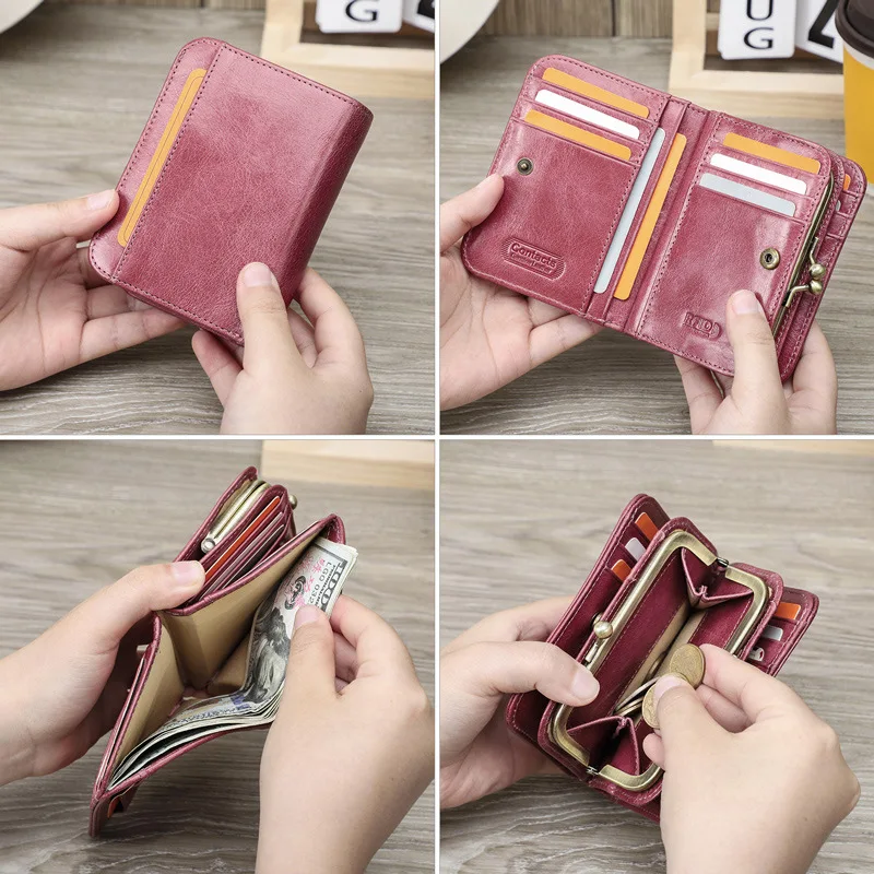 HTS-C2221 RFID Anti-theft Brush Three Fold Strap Iron Hinge Leather Women's Wallet Multifunctional Short Women's Wallet
