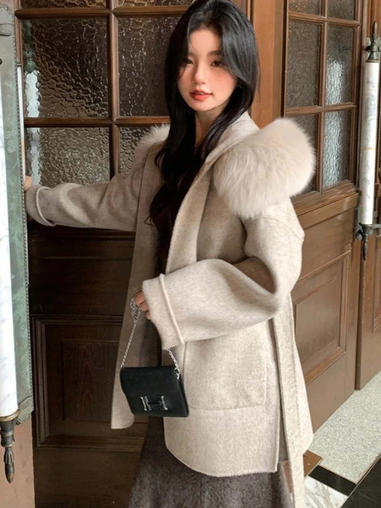 2025년 신상 가을 겨울 패션 후드 리얼 폭스 퍼 울 혼방 재킷 여성 상의 따뜻한 캐시미어 울 코트