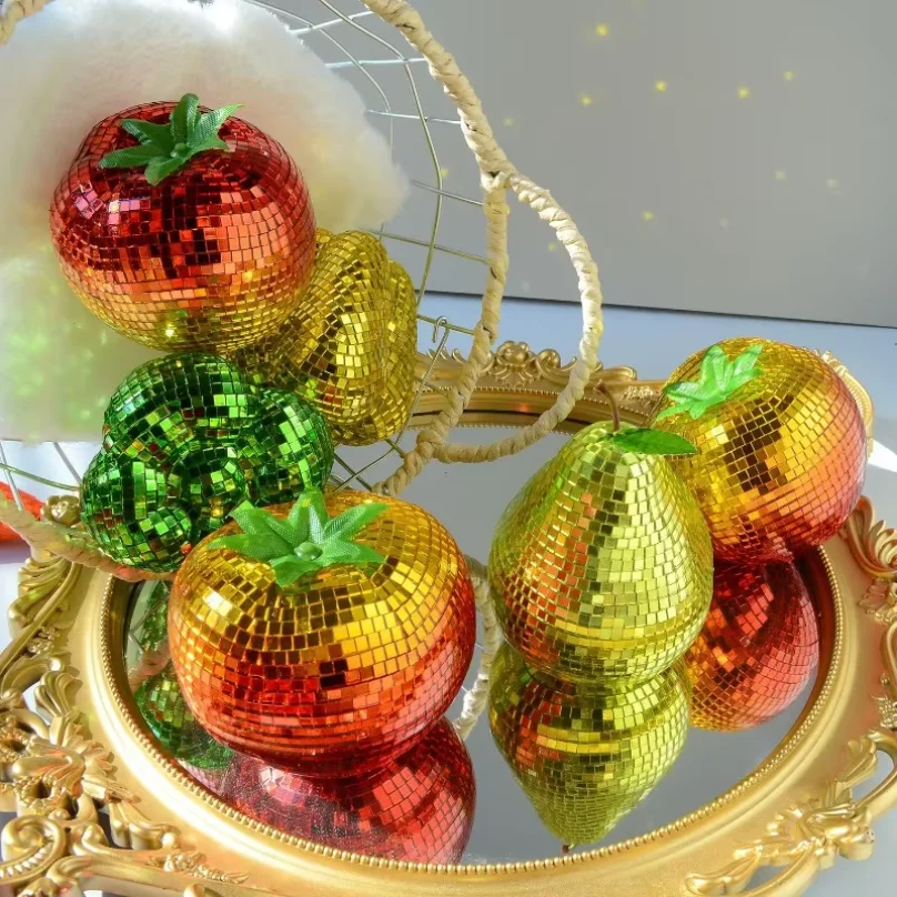 Disco Mirror Vegetable Mosaic Carrot Pepper Tomato Pear Figurines, Sparkling Disco Ball Ornaments for Party Home Table Decor