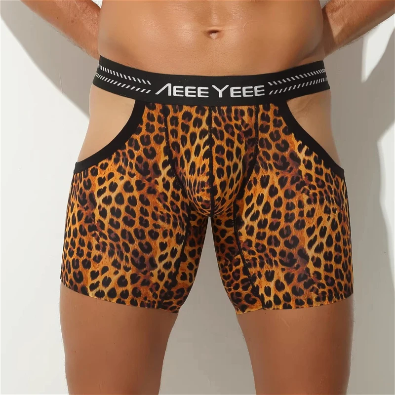 

Мужские трусы-боксеры с вырезами, удлиненные, с принтом леопарда и зебры, сексуальные, с анатомическим мешочком, из ледяного шелка, дышащие, предотвращающие натирание