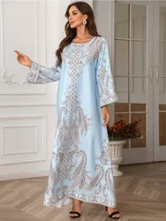 Eid Muslim Beading Party Dress for Women Ramadan Abaya Long Dress Print Morocco Kaftan Vestidos Largos Dubai Robe Jalabiya 2024