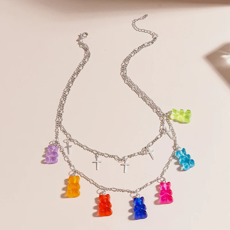 Aihua Candy Farbe Kreuz Gummy Mini Bär Kette Halsketten für Frauen Niedlichen Cartoon Tier Bär Anhänger Schmuck Femme Bijoux Kragen – Detail 5