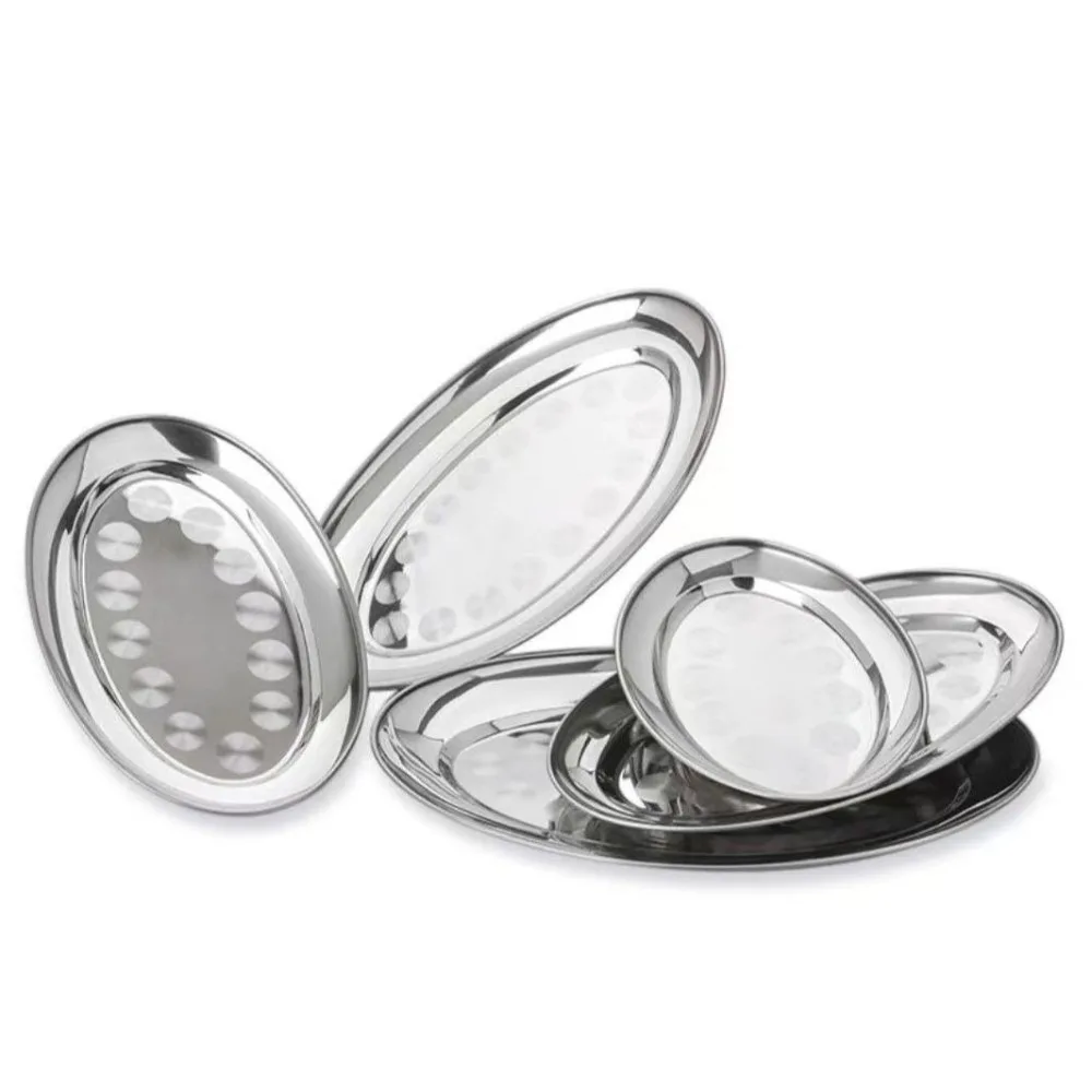 Stainless Steel Oval Fish Plates Shallow Design Multi-Size Dinner Plates Oval Shape 22-35cm Diameter Cold Food Plates