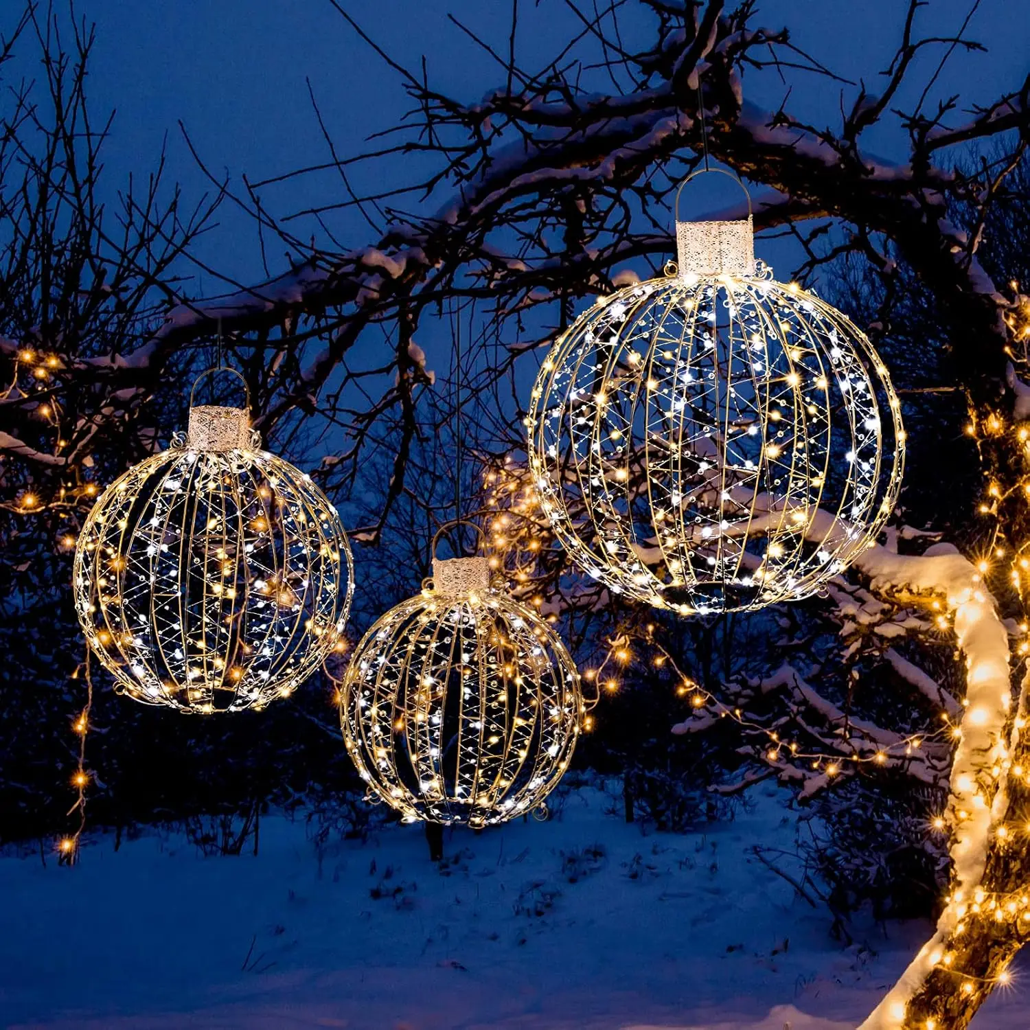 Christmas LED Light Balls for Tree (3 Pack), Lighted Sphere with 180 Warm White & 180 White LED Lights, Holiday Lighted