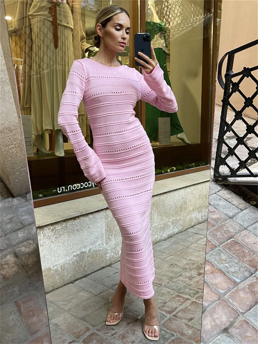 Women Knitted Hollow Out Midi Dress Autumn 2023 New Solid Long Flare Sleeve O-neck Slim Fit Dresses Female Elegant Commute Robe