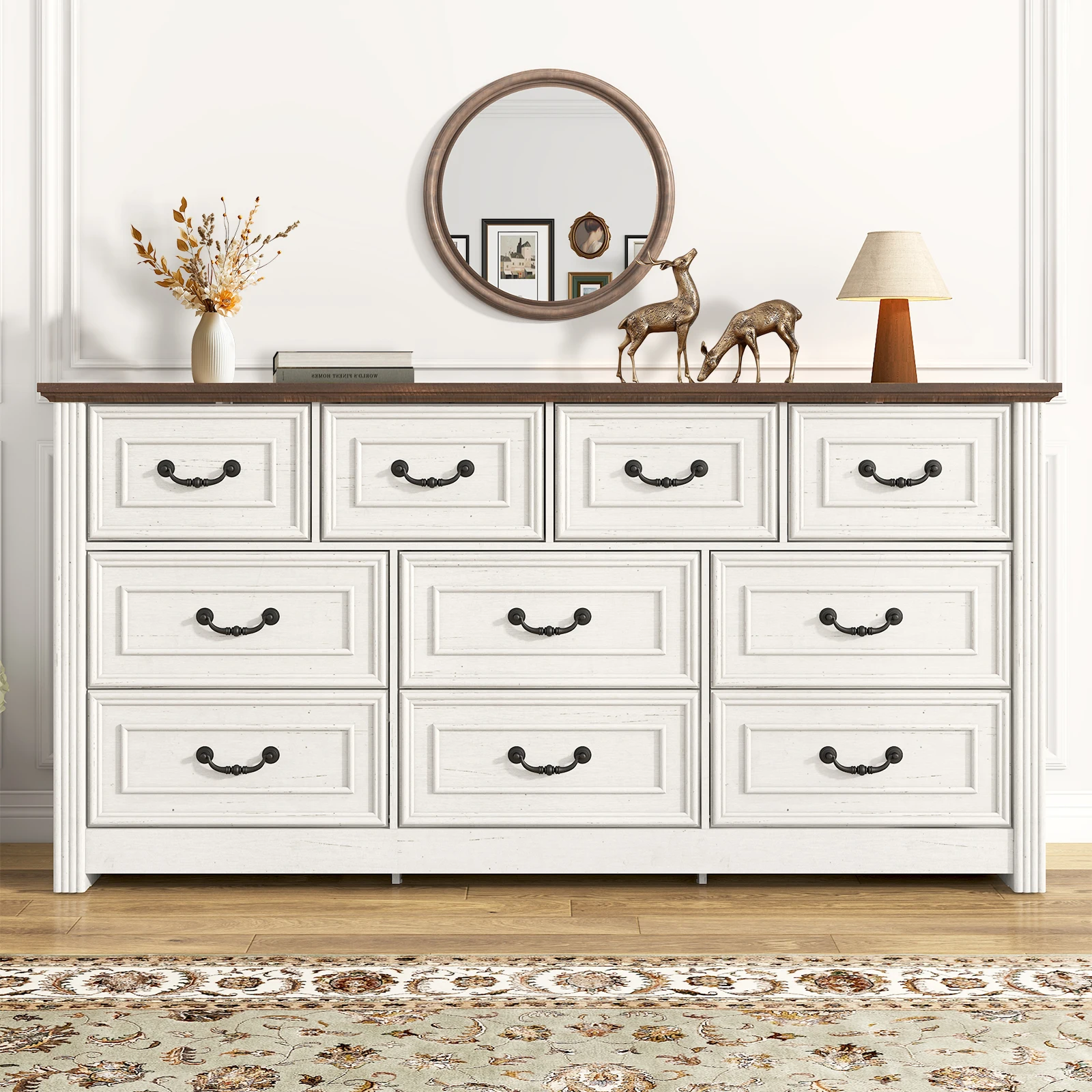 Farmhouse 10 Drawer Dresser for Bedroom, 63” Wood Chest of Drawers with Rustic Handles, Wide Closet Dressers Organizer