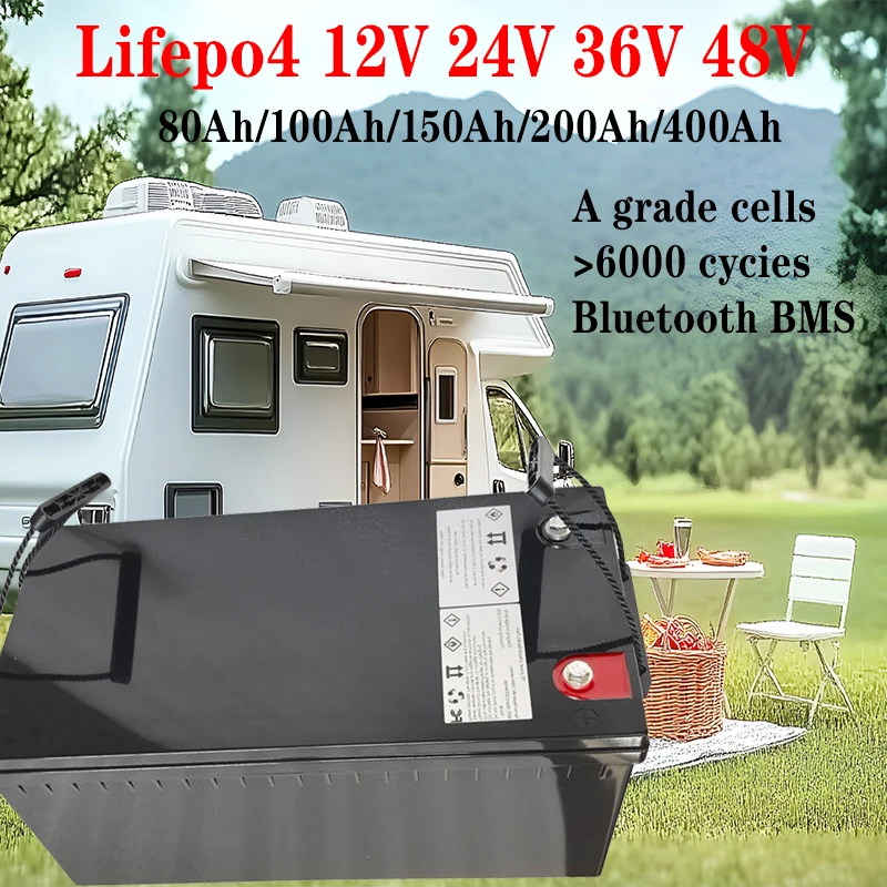 

Lifepo4 battery Waterproof 12V 24V 36V 48V 80Ah 100Ah 150Ah 200Ah 400Ah BMS inside for trolling motor boat RV +Charger