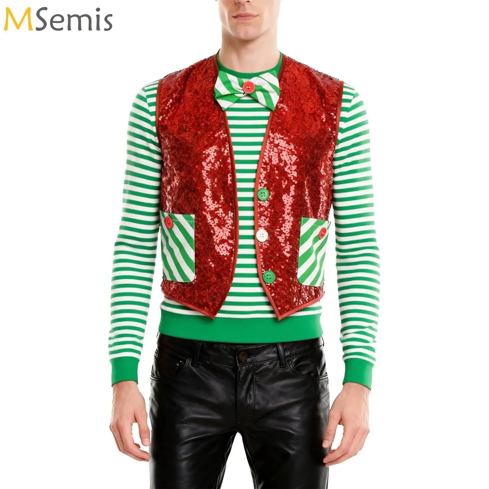 

Men Christmas Santa Claus Waistcoat Shiny Sequin Vest Xmas Magic Circus Choir Stage Performance Cosplay Costume Jazz Dance Vest