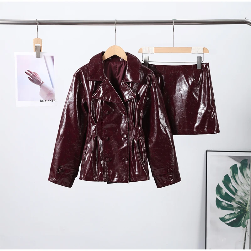 Solid PU Leather Women's Jacket Mini Skirt Set Lapel Neck Full Sleeve Double Breasted Coat Suit 2025 Autumn Stylish Edgy Outfit
