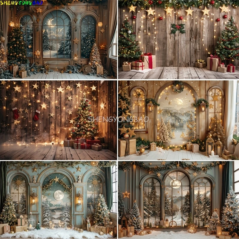

Christmas Scene With Large Window Mountain Photography Backdrops New Year's Eve Family Party Gift Photo Studio Background HC-02