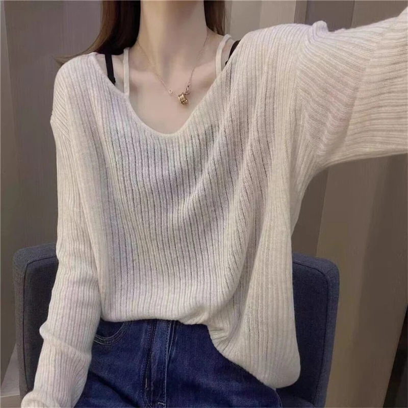 Women\'s Clothing 2023 Korean Style Simple Casual Knitwear Spring Autumn V Neck Hollow Long Sleeve Loose Pullover Knitted Sweater