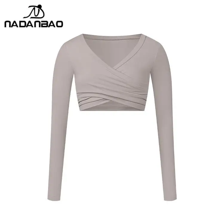 NADANBAO Yoga Shirts Sport Outfits for Woman V-Neck Long Sleeve Tops Slim Fit Sexy Shirt Fashion Fitness Workout Yoga Crop Tops