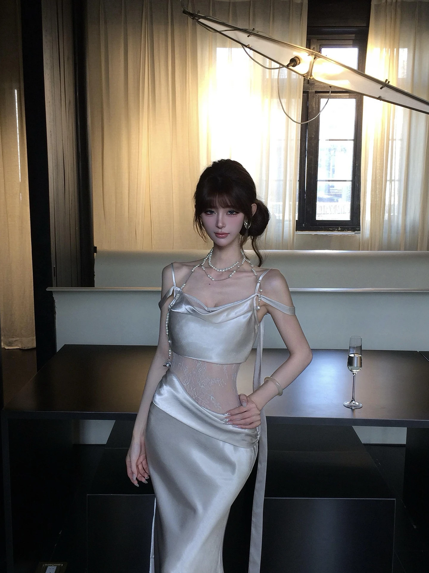 

FEMPILOT Lace Paneling Slip Dr Women's Gauze Design Slimming Silk Long Dr Sexy Sle Svel Slim Fit Casual Wear