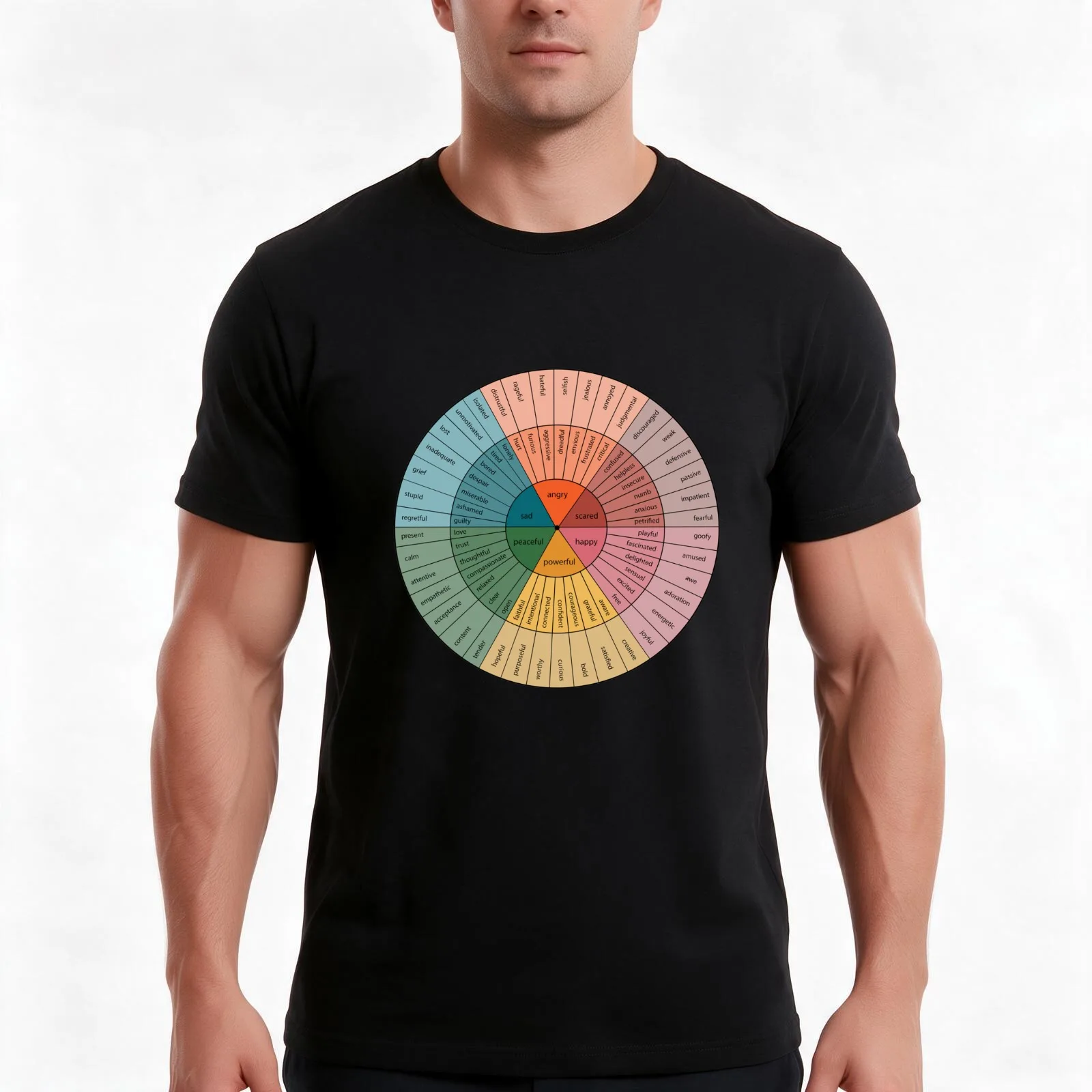 Emotion Wheel Psychology Design T-Shirt, Summer Casual Cotton Tee, Oversized Streetwear Tops, Vintage Graphic Print, 100% Cotton