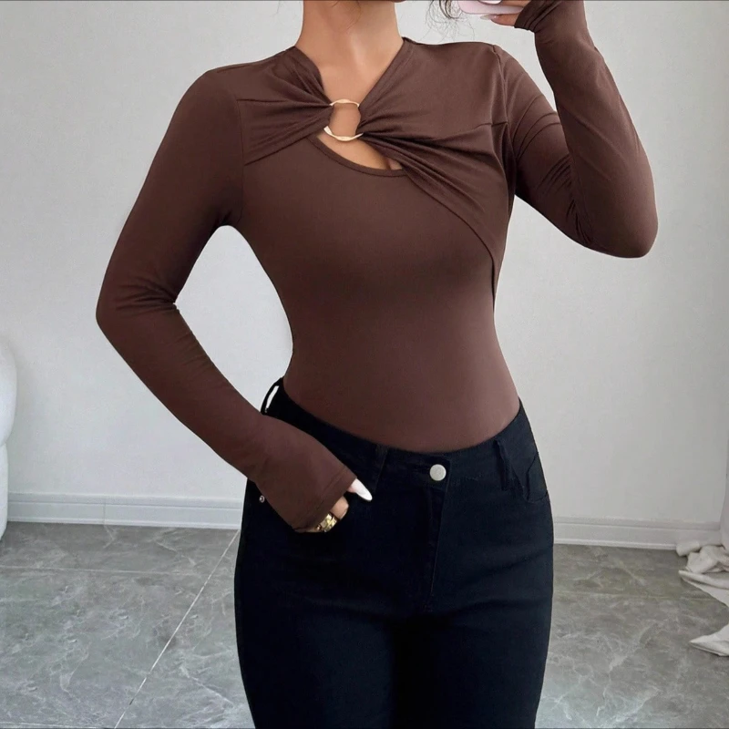 

2025 Autumn Winter New Women's Asymmetric Hollow Metal Decorative Slimming Top Casual Fashion Female Pullover Blouse