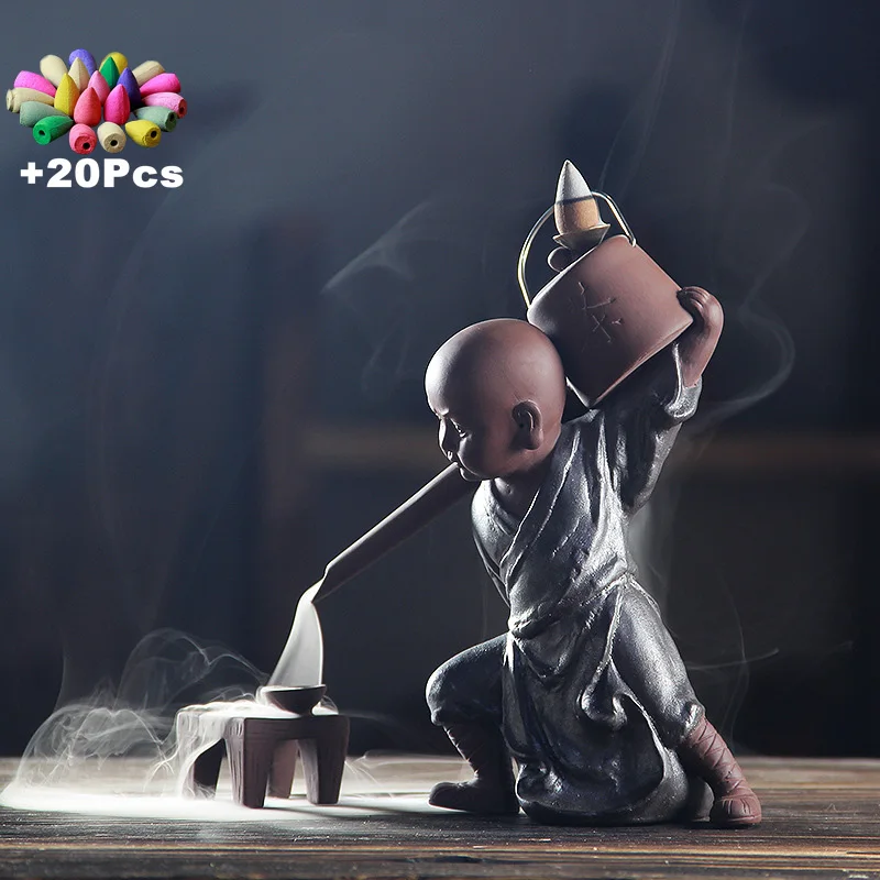 

Gift 20Cones Creative Handmade Zen Kung Fu Monk Buddha Backflow Incense Burner Kungfu Tea Tea Art Tea Pet Smell Removing Incense