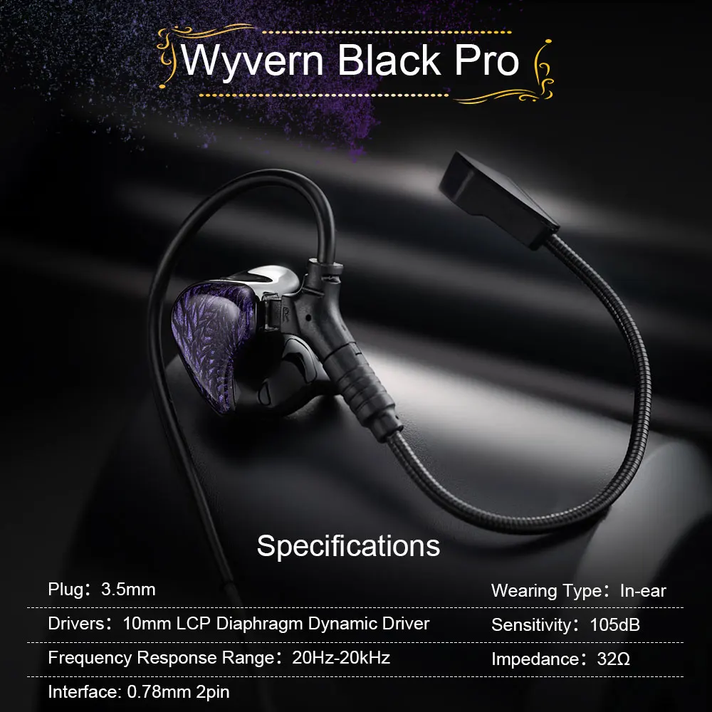 Kinera Celest Wyvern Schwarz 10 mm LCP Dynamic Driver IEM HiFi-Kopfhörer Kabelgebundene Ohrhörer mit 0,78 mm 2-poligem austauschbarem Kabel – Detail 11