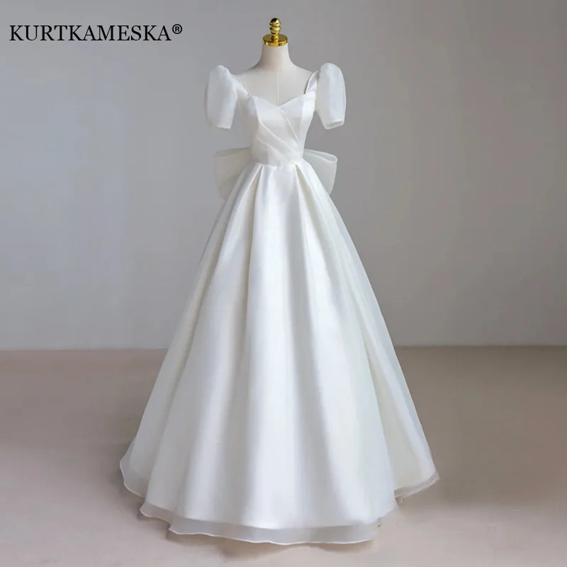 

French Luxury White Satin Maxi Wedding Dresses for Bride 2022 Elegant Sexy Slim Puff Sleeve Long Prom Party Dress Women vestidos