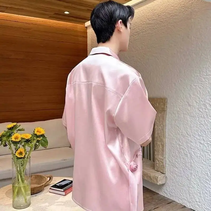 Trendy Rose Ribbon Design Lapel Short-sleeve Men's Shirt Light Luxury Satin Notched Collar Blouse Tops Summer Cloth T487