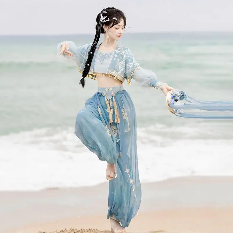 Original Blue Lace Tassel Hanfu Dress 3pcs Women Sweet Belly Dance Dance Costume Carnival Beginning Festival Vestidos Chinos