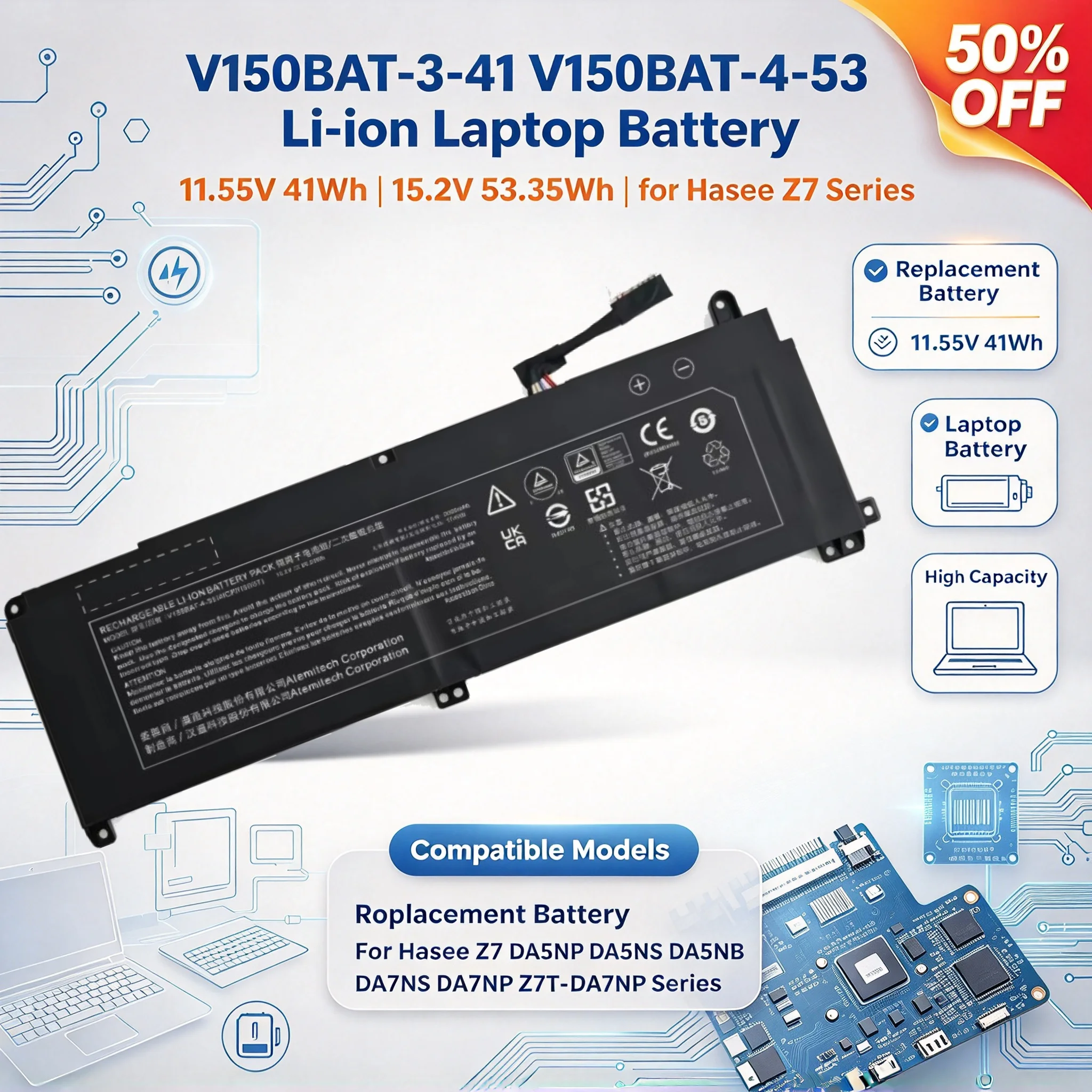 V150BAT-3-41 V150BAT-4-53 11.55V 41Wh /15.2V 53.35Wh Replacement  Battery for Hasee Z7 DA5NP DA5NS DA5NB DA7NS DA7NP Z7T-DA7NP