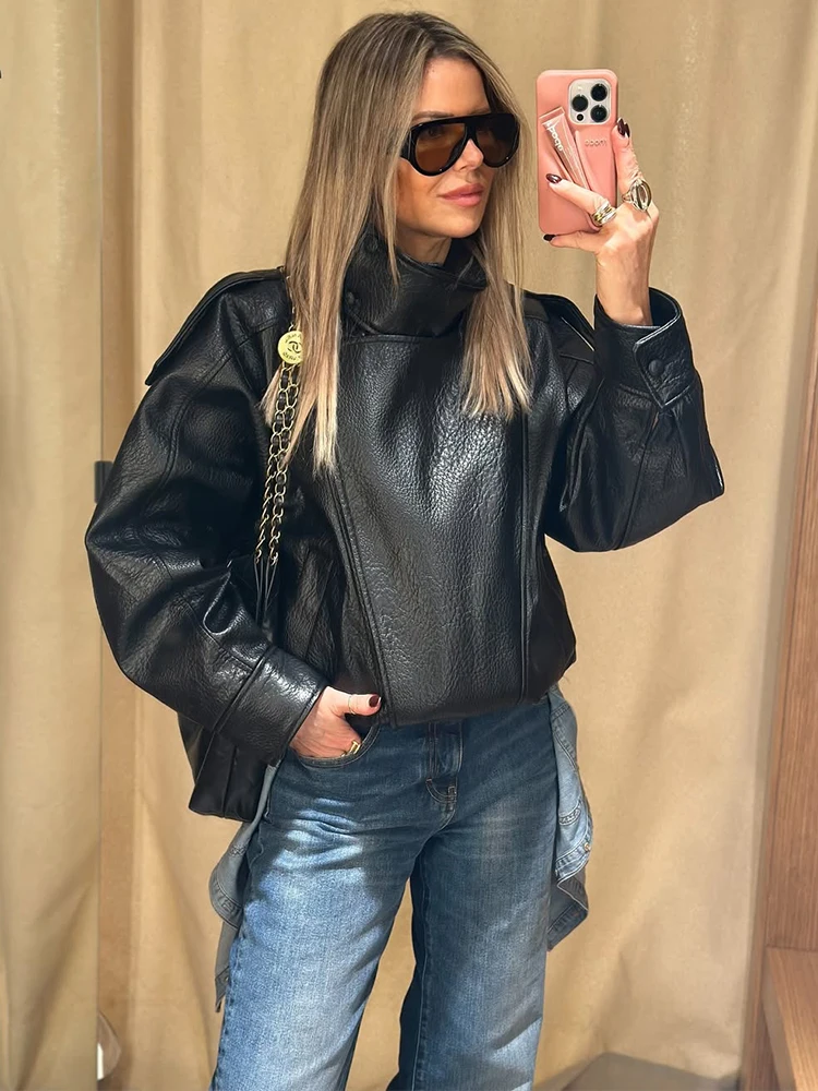 

Fashion Asymmetry Elegant Vintage Jackets New Solid Leather Moto Jacket For Women 2025 Winter Turtleneck Retro Coats