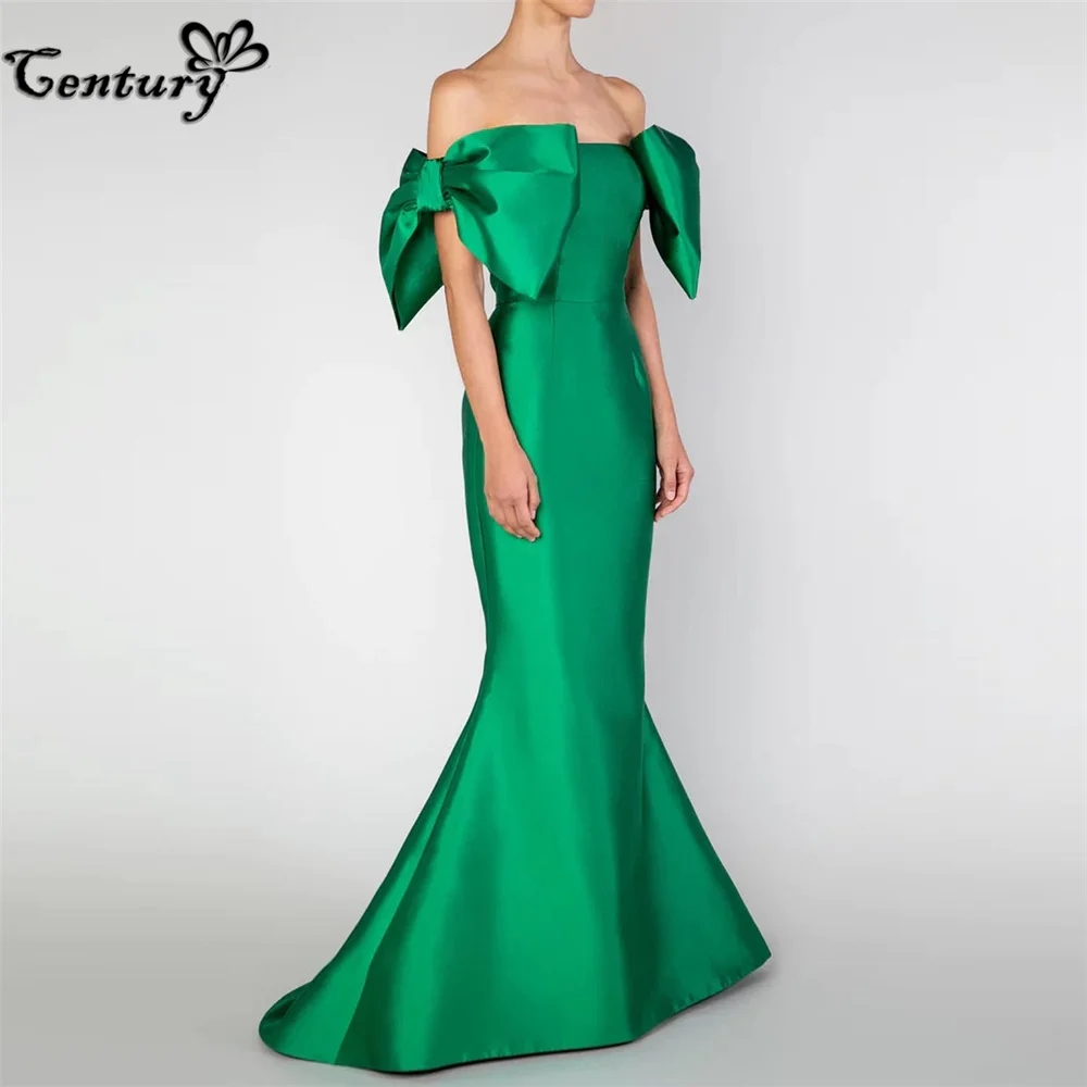 Green Prom Dress Big Bow Floor Length Off Shoulder Satin Evening Party Gowns Formal Dresses Robe De Soiree Femme Customized