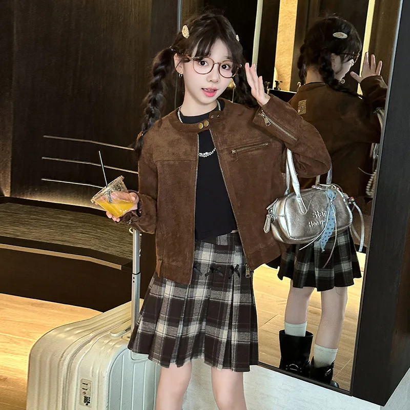 

Осеннее пальто для девочек-подростков, корейская однотонная детская куртка с круглым вырезом для девочек, повседневная детская короткая верхняя одежда с длинными рукавами для девочек