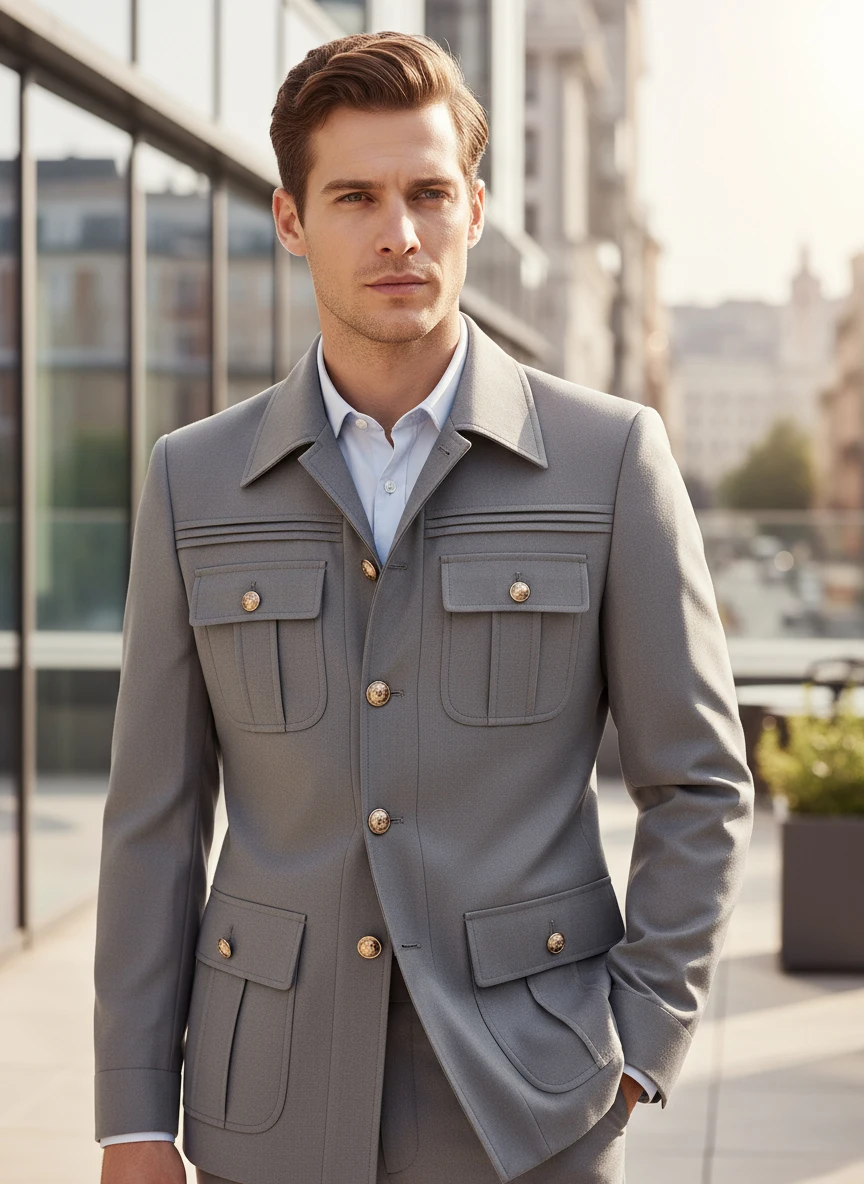 ST Cassy new safari Men's suit light gray Classic Fit Multi Buckle Multi Pocket  Casual Business Set Men's 2-piece Set