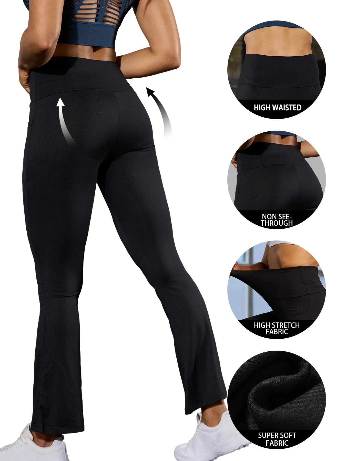 Leggings flare de cintura alta com bolsos – Calças push up femininas super macias com controle de barriga para ioga, academia, fitness, calças de sino