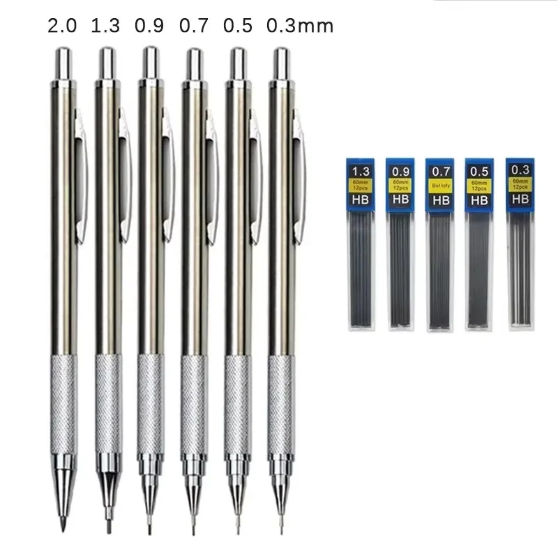 Metal Mechanical Pencil Set 0.3/0.5/0.7/0.9/1.3/2.0mm Drawing Automatic Metal Pencil Set For Office School Writing Art Supplies