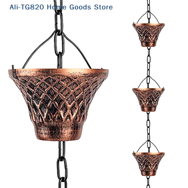 [TG820]Rain Chains, Gutter Downspouts Diverter Outdoor Metal Copper Plaid Rainwater Extensions, 12 Cups