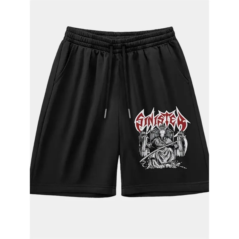 Men's Gothic heavy metal shorts, black with red elastic drawstring waistband, gym, concerts, daily casual streetwear