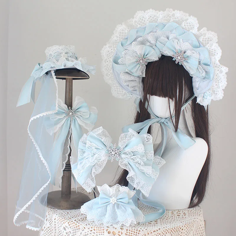 2026 New Christmas‑Theme Light‑Blue Lolita Accessory Set, Bonnet Veil Lace Bow KC, Wrist Cuffs & Hair Clips for Festival Cosplay