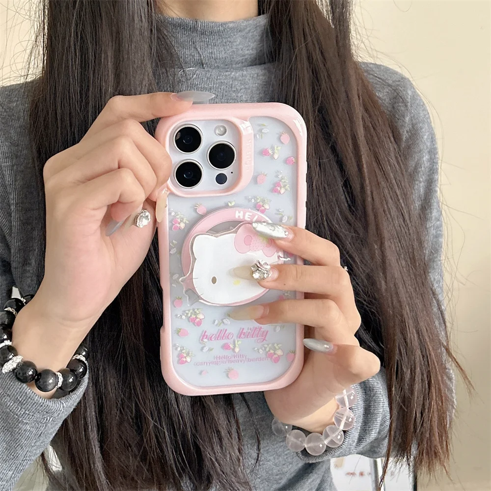 

Pink Hello Kitty Strawberry Clear Magnetic Bracket Magsafe Wireless Charge Phone Case For iPhone 16 15 14 13 12 11 Pro Max Cover