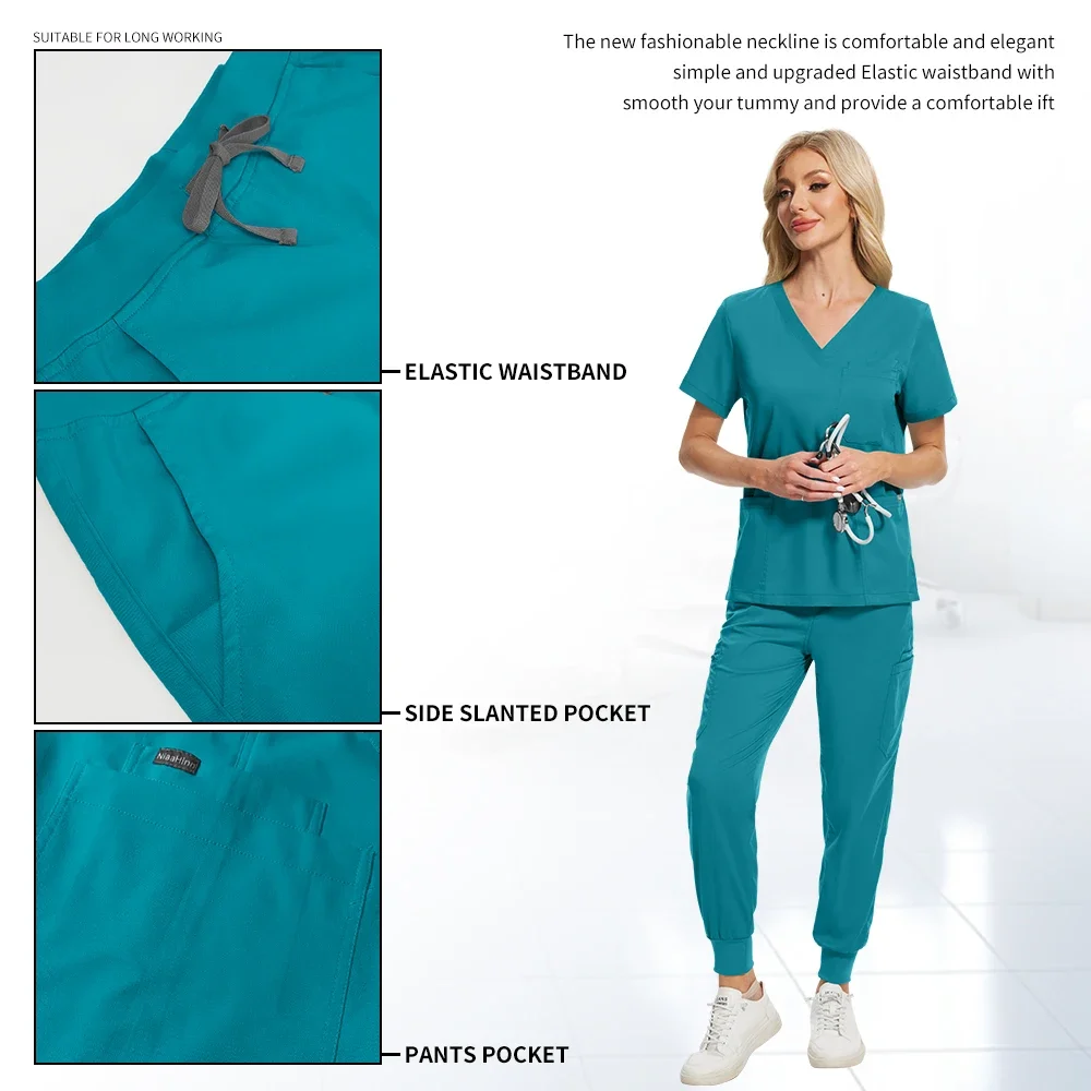 Uniformes de soins infirmiers de dentisterie à col en v de nombreuses couleurs, ensembles d'anesthésiste pour femmes, uniformes médicaux pour femmes, pantalons à jambes de jogging, ensembles d'infirmière médicale