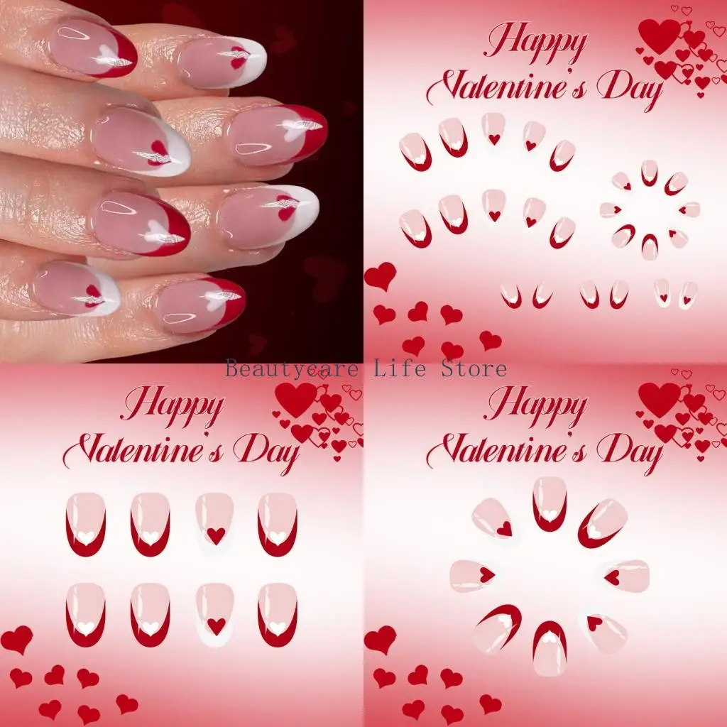 

652C 24 Pieces Red Glittering Heart Press on Valentine French Tip Artificial Easy to Wear for Special Occasions